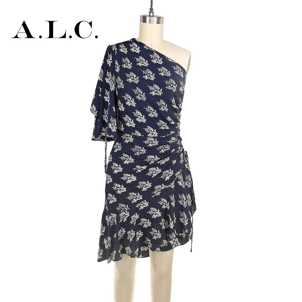 A.L.C. One Shoulder Ruched Silk Dress Navy White Floral Ruffle Hem Cocktail SZ 4